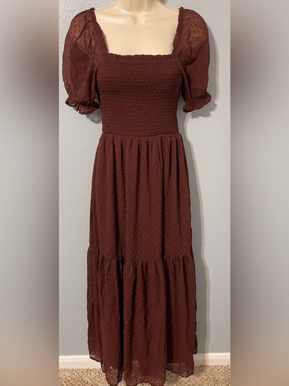 Patrons of Peace Burgundy Smocked Maxi Dress Swiss Dot Puff Sleeve Boho XS - Picture 2 of 8